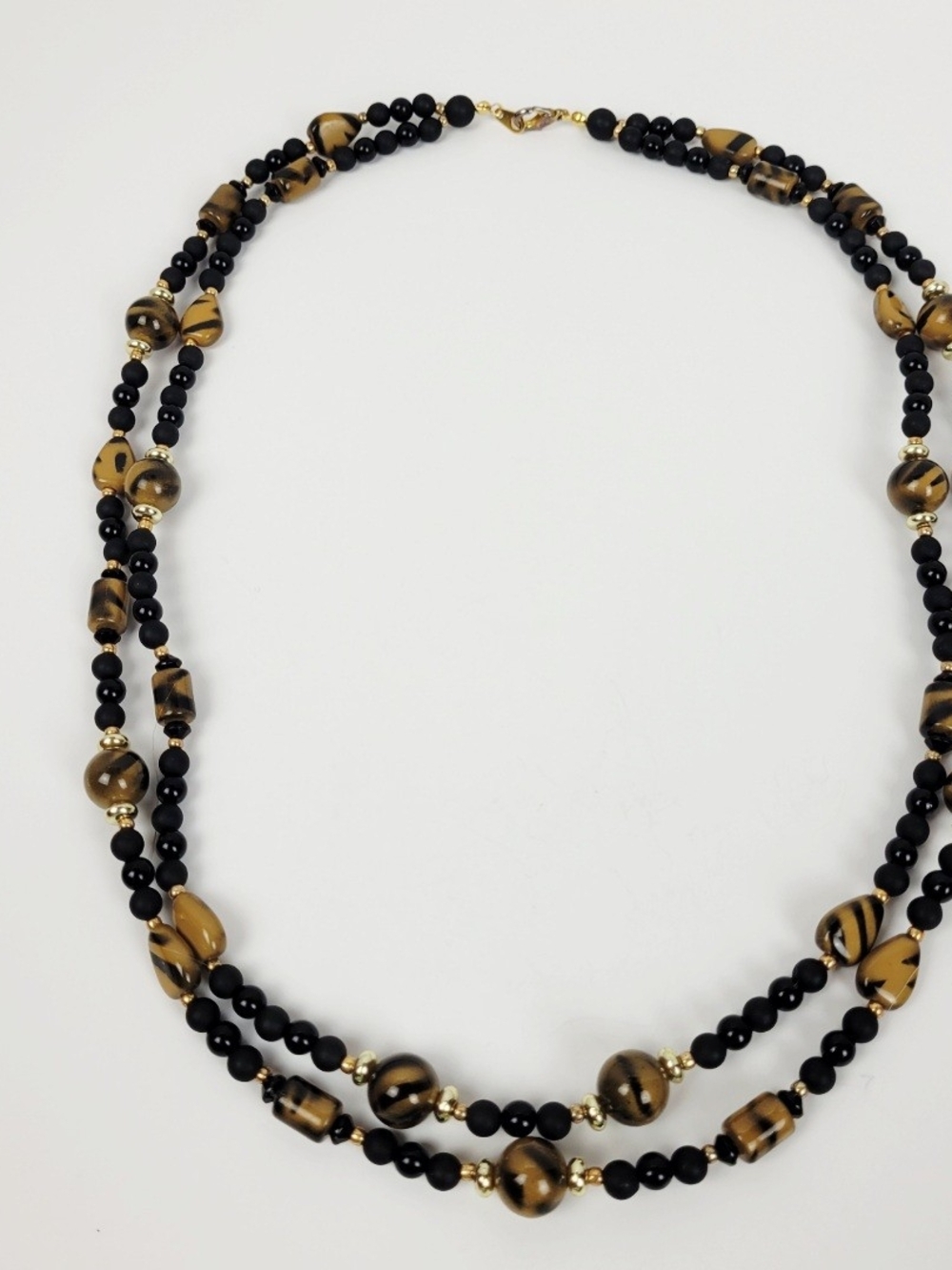 Vtg 60s-70s~Glass Faux Tiger's Eye Double Strand Necklace~Gold Tone Spacers~24"